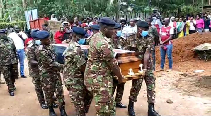 Soldiers carry the body of Major Nelson Oketch during his burial in Webuye on Tuesday, October 13, 2020