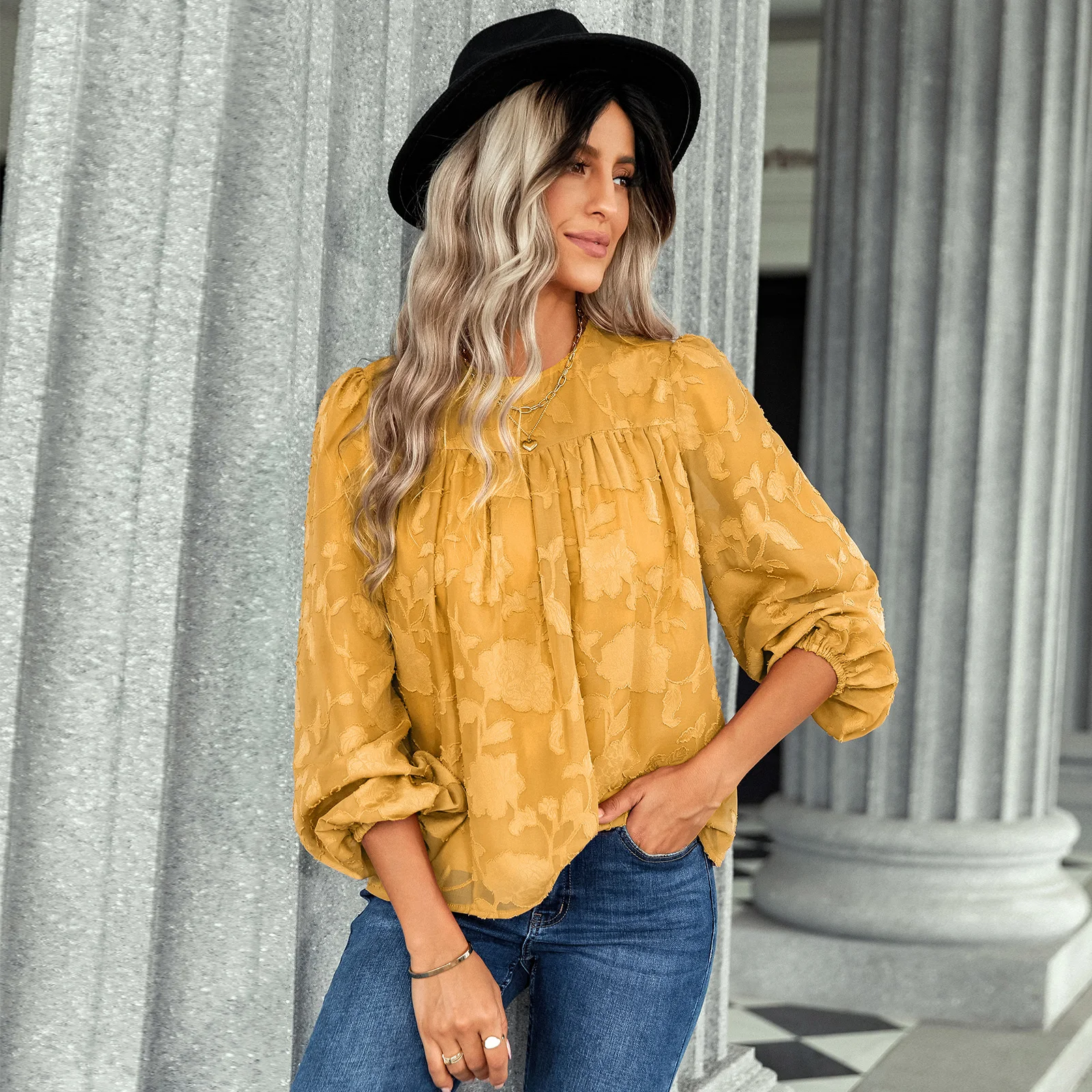 Title 5, Womens Loose Chiffon Shirt Jacquard Crew Neck ...