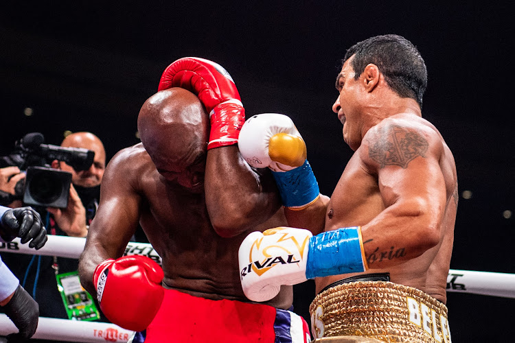 Oleksandr Usyk of Ukraine (R) lands a punch on Chazz Witherspoon in the seventh round of their Heavyweight bout at Wintrust Arena on October 12, 2019 in Chicago, Illinois.