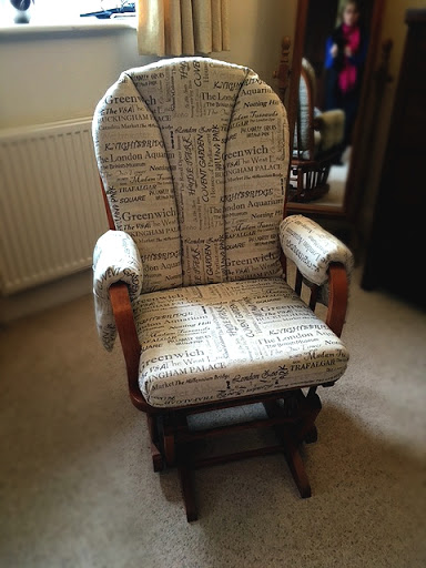One of our customers from Southampton sent in this photo of their easy rocking chair which Lesley recently re-upholstered in The Knowledge by Linwood Fabrics   