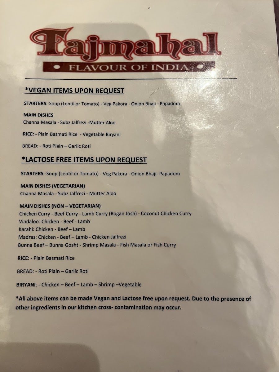 Gluten Free menu, June 2022