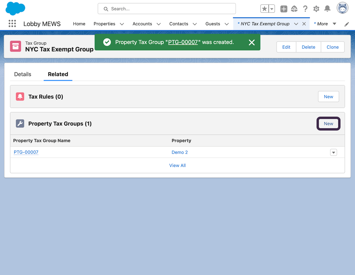 Click on Related, then New Property Tax Group