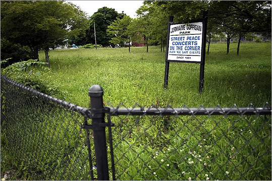 Jermaine Goffigan Park, overgrown with weeds, at the corner of Blue Hill Avenue and Quincy Street in Roxbury.