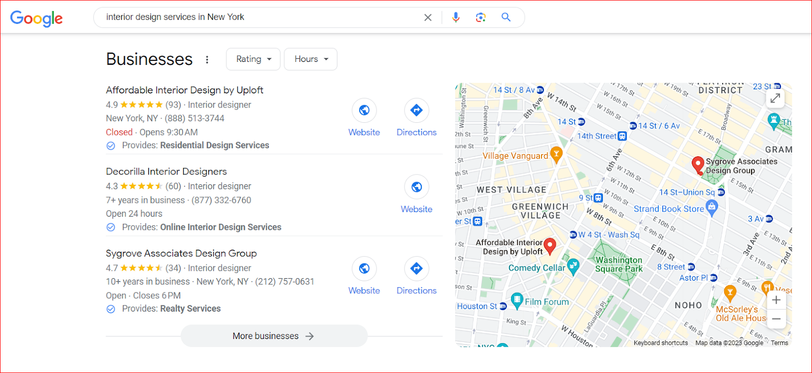 an seo google my business screenshot of the search interior design services in new york