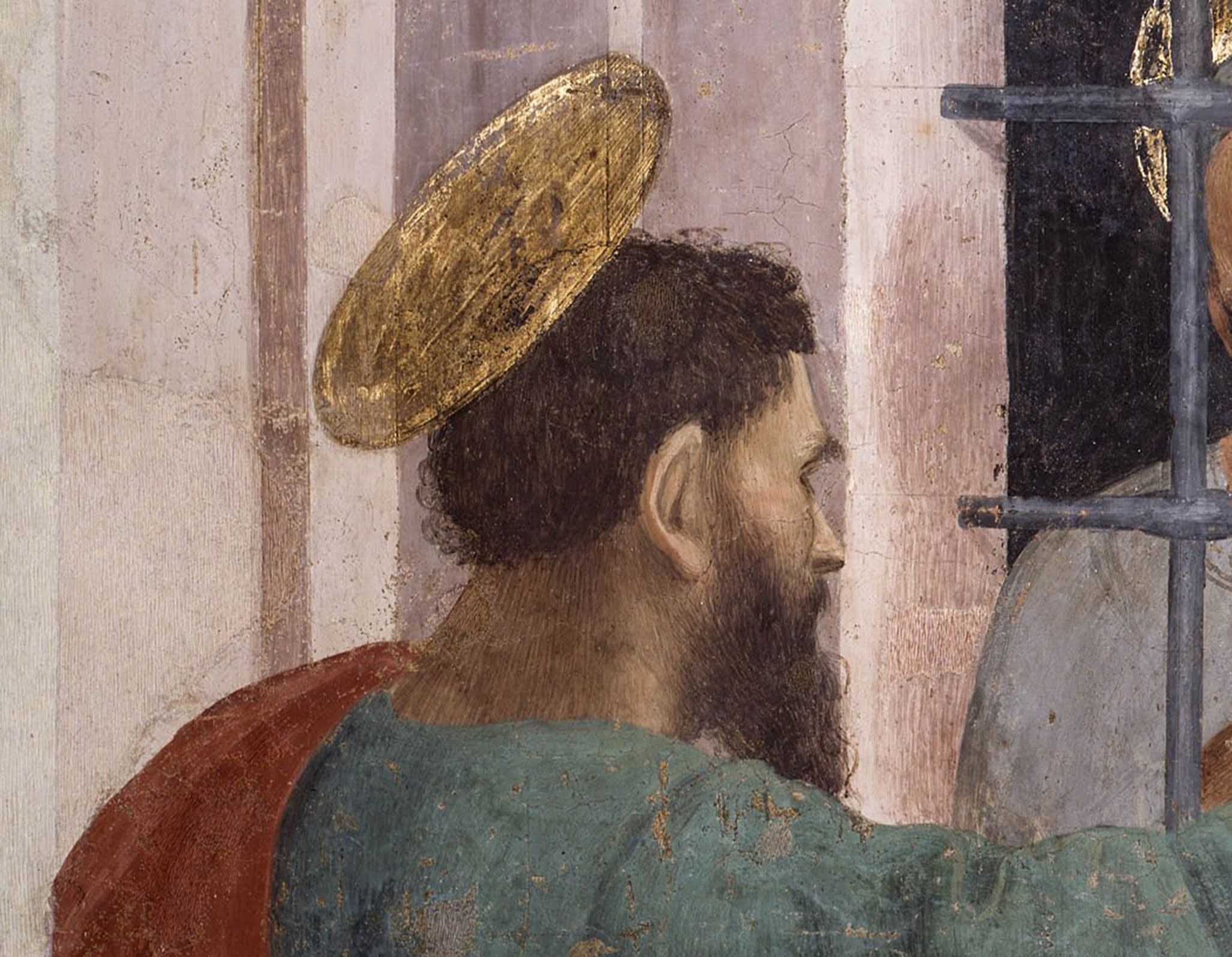 Filippino Lippi,San Pietro visitato in carcere da San Paolo (particolare della figura massiccia di san Paolo di spalle), fresco in de Cappella Brancacci, Santa Maria del Carmine, Firenze