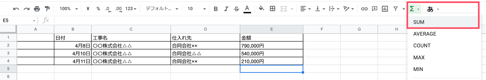 原価管理表の例