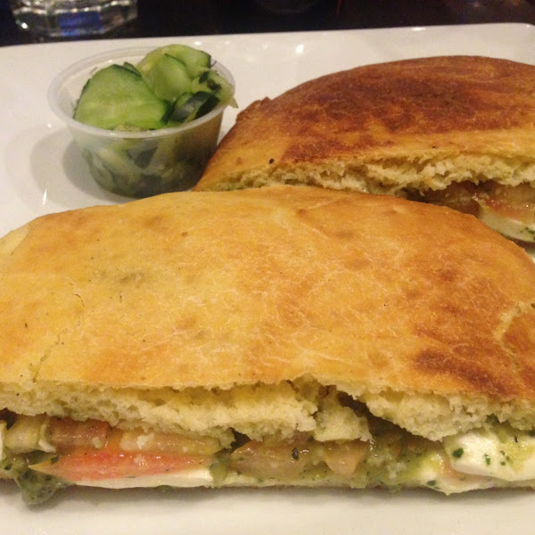 #13 hot press sandwich (mozzarella, tomato, pesto) with GF bread