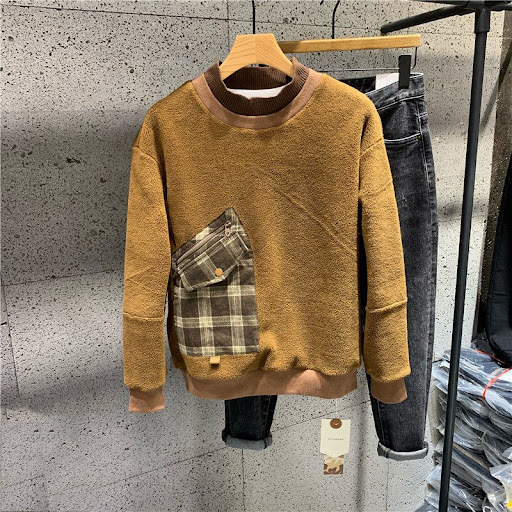 Title 8, Color-blocked Round Neck Sweater with Velvet La...