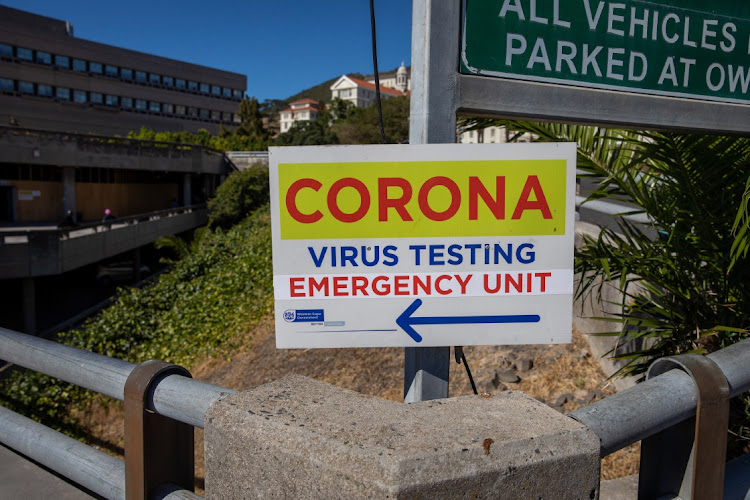 A coronavirus testing unit sign outside Groote Schuur hospital in Cape Town.