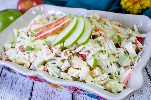 Yummy Apple Cole Slaw in a serving dish.