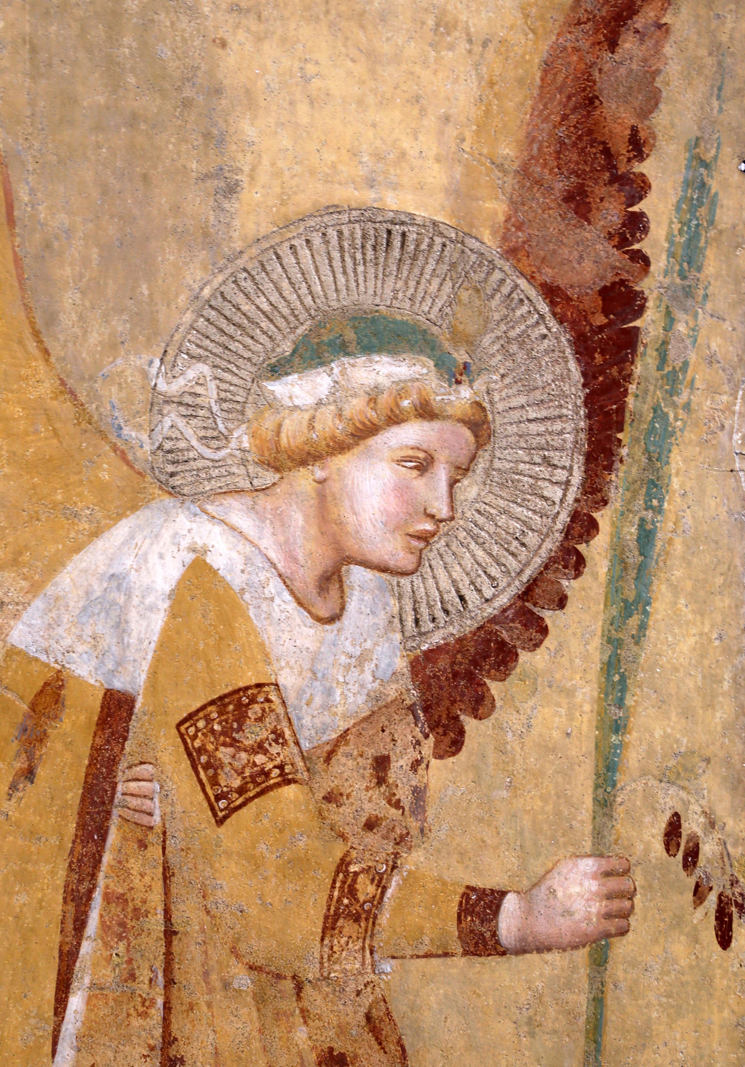 Ambrogio Lorenzetti, Annunciazione (particolare Gabriele, palma con datteri) capella di San Galgano a Montesiepi (Chiusdino)