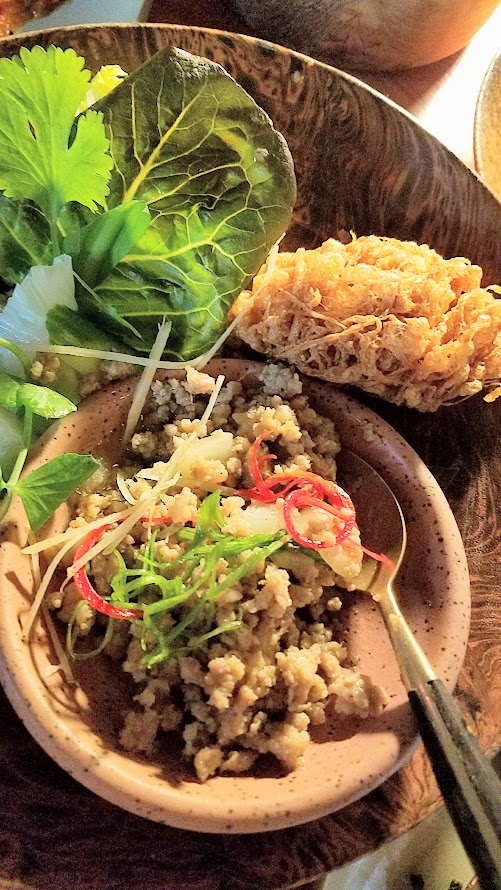 Journey of a Dinner at LangBaan with their May 2017 Tour of Thailand menu: Moo pad plaa kem, a main dish of Lower Southern Thai style relish of ground pork with salted threadfin, lime leaf, crispy omelette, greens