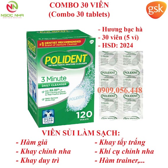 Combo Gói 30 Viên Sủi Ngâm Làm Sạch Và Vệ Sinh Hàm Giả Răng Giả Hàm Tháo Lắp, Vệ Sinh Khay Chỉnh Nha Polident Vị Bạc Hà