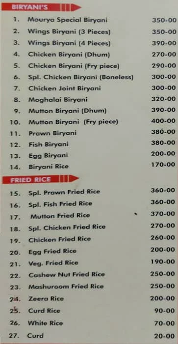 Mourya Hotel menu 