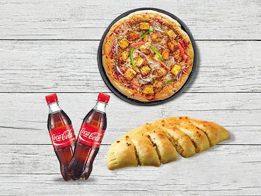 Paneer Tikka Pizza  (L) + Cheese Garlic Breadsticks