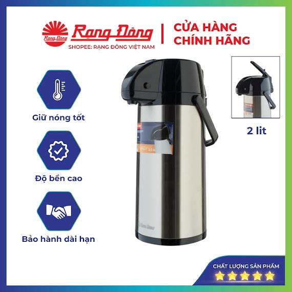 Phích Nước Rạng Đông 2 Lit Cần Bơm Cao Cấp, Chất Liệu Inox, Bình Thuỷ Giữ Nhiệt Cafe, Pha Trà Model 2045St1.E