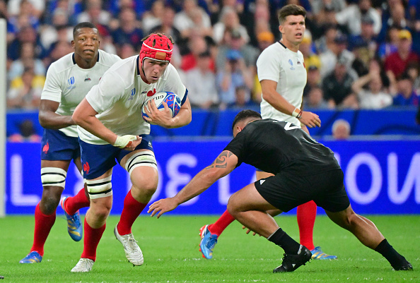 Thibault Flament of France in charges at a New Zealand player during the 2023 Rugby World Cup match at Stade de France on September 8, 2023 in Paris, France.