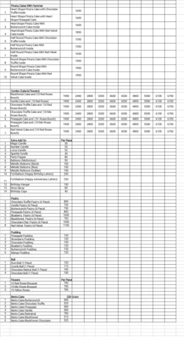 Cake 24X7 menu 