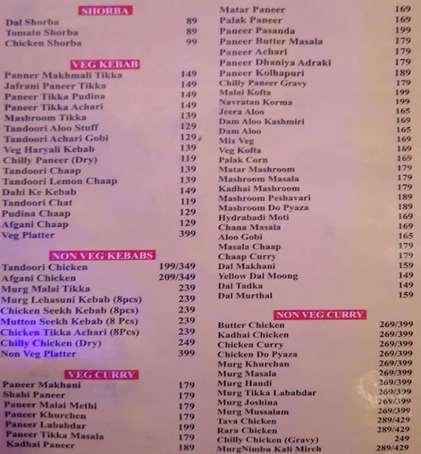 Tandoori Milestone menu 