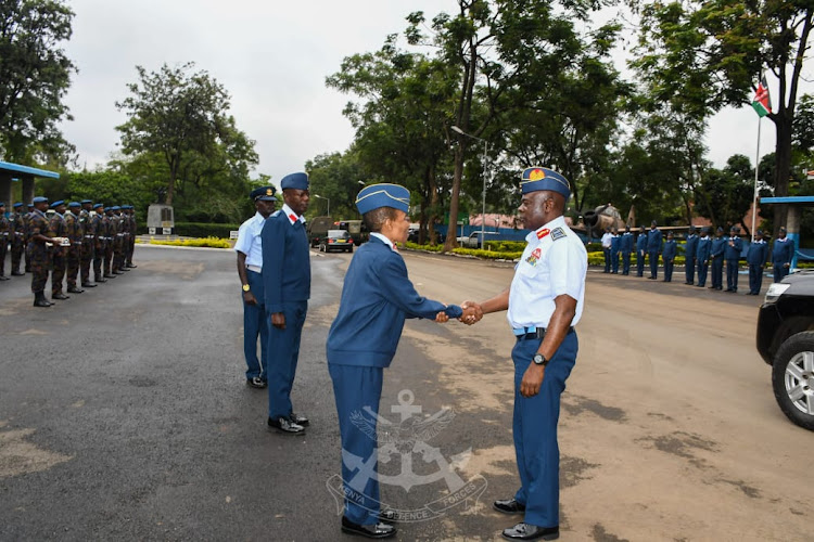 VCDF Lieutenant General John Omenda shake hands with Major General Fatuma Ahmed as she assumed her role as Commander KAF at KAF Headquarters in Nairobi on May 9, 2024.