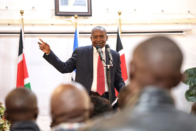 Interior CS Kithure Kindiki giving an address during a consultative meeting with Meru leaders on March 7, 2024.