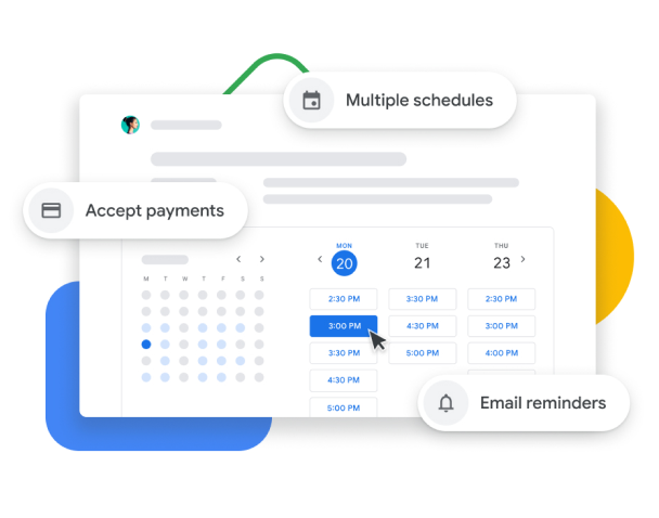 Représentation graphique de Google Agenda avec la planification des rendez-vous, permettant aux utilisateurs de les valider avec les clients, d'envoyer des rappels par e-mail et d'accepter les paiements.