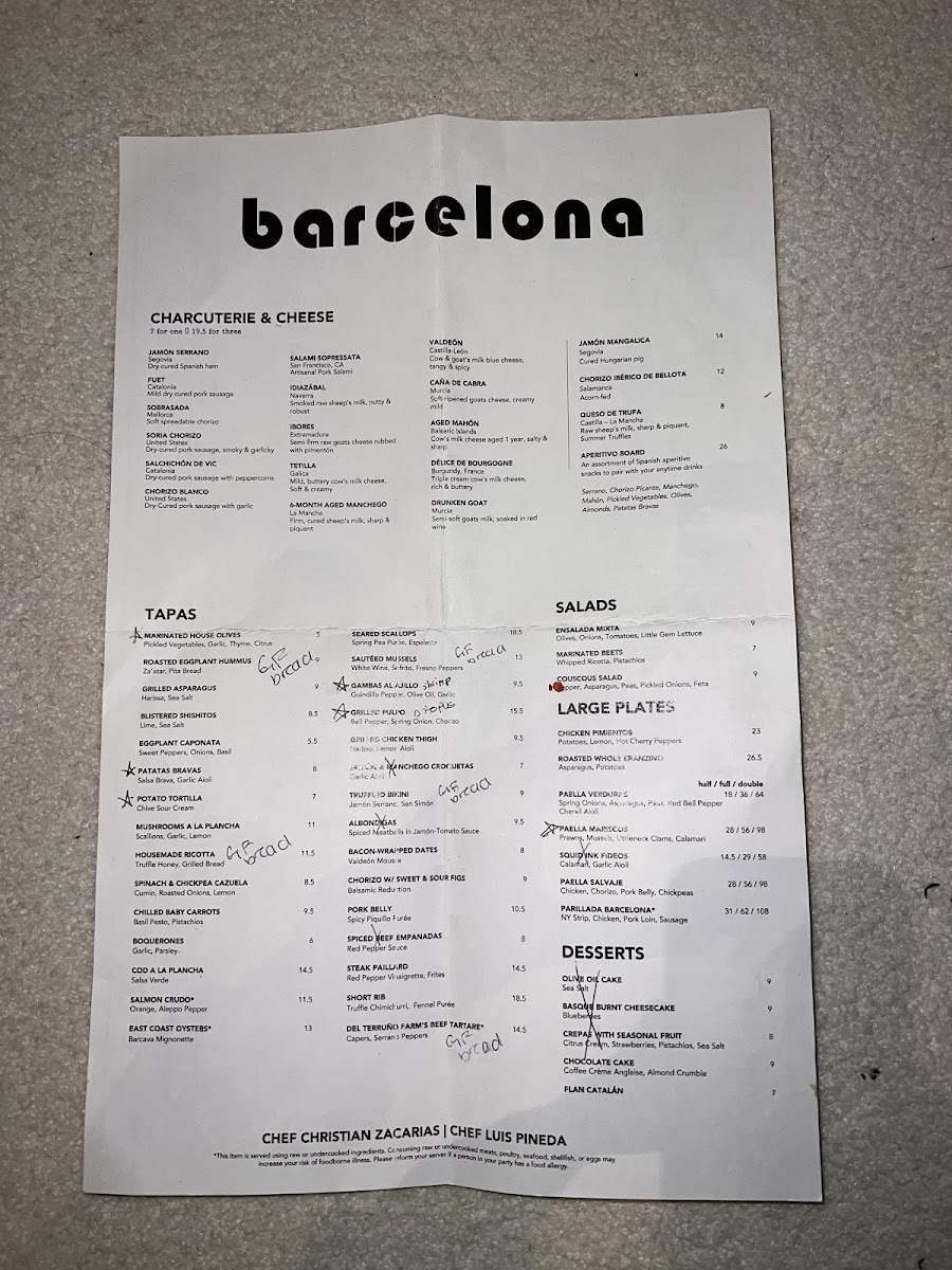 Barcelona Wine Bar gluten-free menu