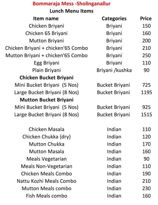 Bommaraja Mess menu 