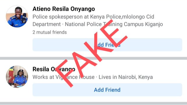 A Facebook account claiming to belong to the National Police Spokesperson Resila Atieno Onyango is fake.