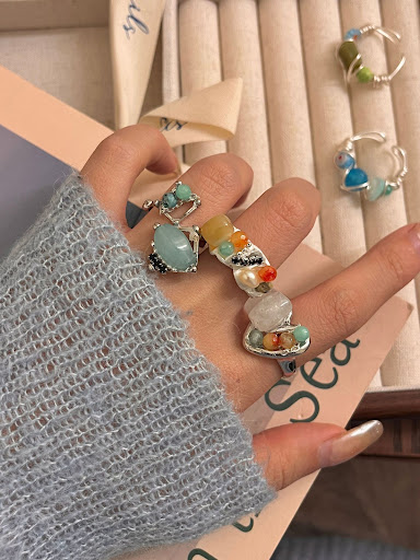 Title 12, Natural Raw Gemstone Stacked Ring for Women Han...
