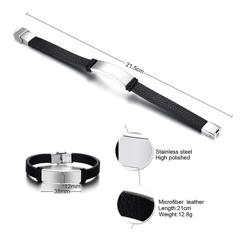 Title 3, RVS zwart gebogen lederen armband