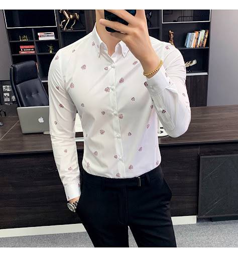 Title 10, Mens Floral Shirt Korean Style Slim Casual Pri...