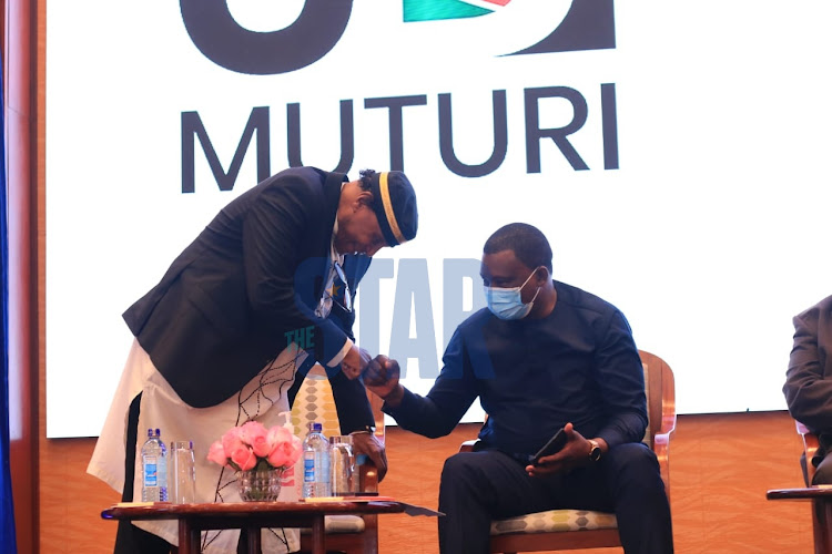 Former Mayor Nairobi Habib Omar Congo with Speaker of National Assembly and presidential aspirant Justin Muturi during a consultative breakfast meeting with Nairobi County traders at Serena Hotel on August 26, 2021.