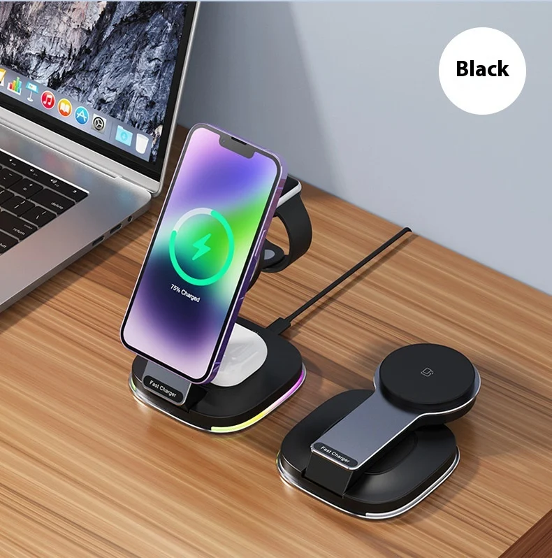 15W Drei-in-Eins Wireless Charger Ladestation. Kabelloses Aufladen für Smartphone, Kopfhörer und Smartwatch. Ordentlich und schnell laden.