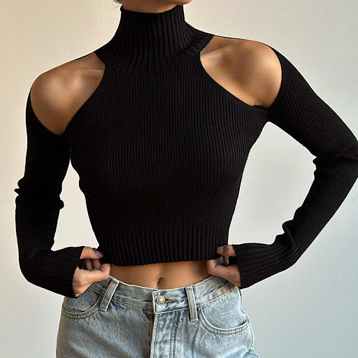 Title 5, Street Style Personality High Neck Shoulder Cut...