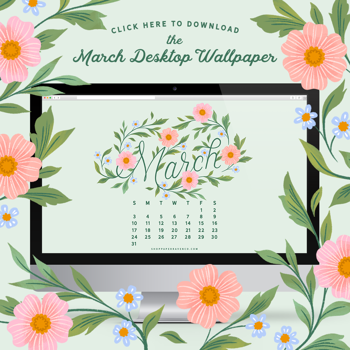 March 2024 Illustrated Desktop Wallpaper by Paper Raven Co. #dressyourtech #desktopwallpaper