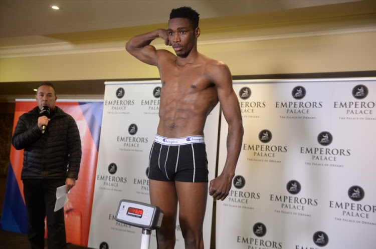 Boxer Thulani Mbenge of South Africa during the BOMBS AWAY Box and Dine Weigh In at Convention Centre, Emperors Palace on June 22, 2018 in Johannesburg, South Africa.