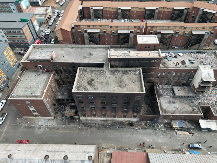 A view of damaged buildings in the aftermath of a deadly fire in Johannesburg