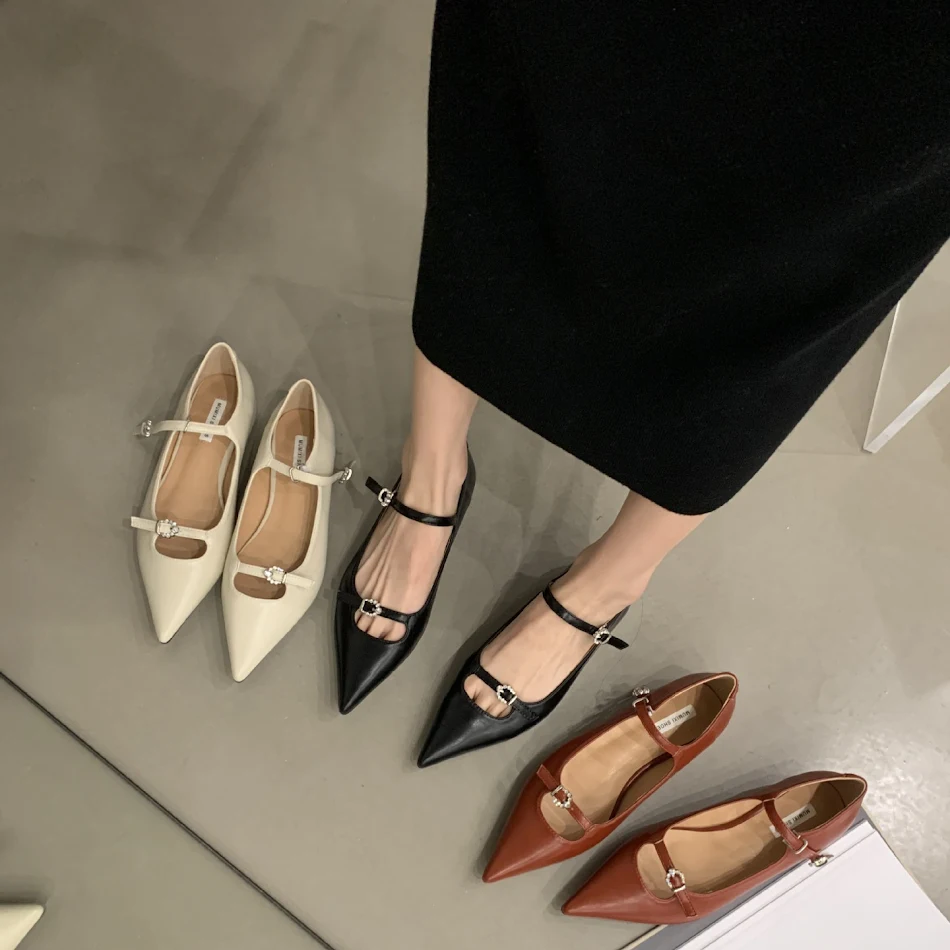 French Style Retro Chunky Heel Buckle Pointed Toe Shoes. Elevate your style with comfort and vintage charm for any occas