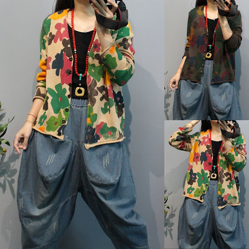 Title 2, Womens Lazy Style Floral Knitted Cardigan Comf...