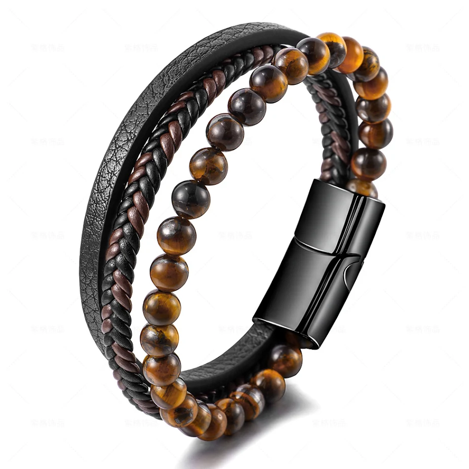 Brazalete de acero inoxidable con piedra de ojo de tigre natural y cuentas para hombres