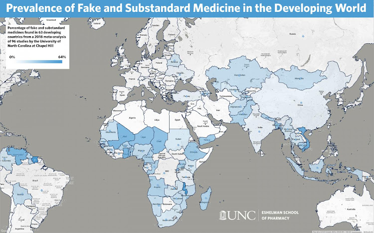 The colour-coded map shows the percentage of fake and substandard medicines found in 63 developing countries.