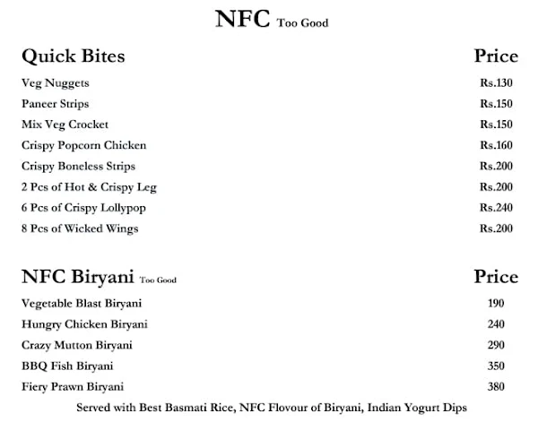 NFC Too Good menu 