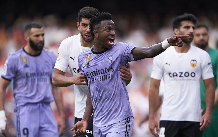 Vinicius Jr of Real Madrid remonstrates during the LaLiga Santander match against Valencia CF at Estadio Mestalla in Valencia on May 21 2023.