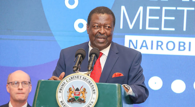 Prime Cabinet Secretary Musalia Mudavadi addressing the World Food Programme (WFP) meeting and launch of WFP finance strategy 2027 in a Nairobi on September 25, 2023.