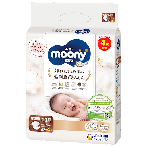 Tã-bỉm dán Moony Natural Bông Organic Newborn NB 62+4 miếng