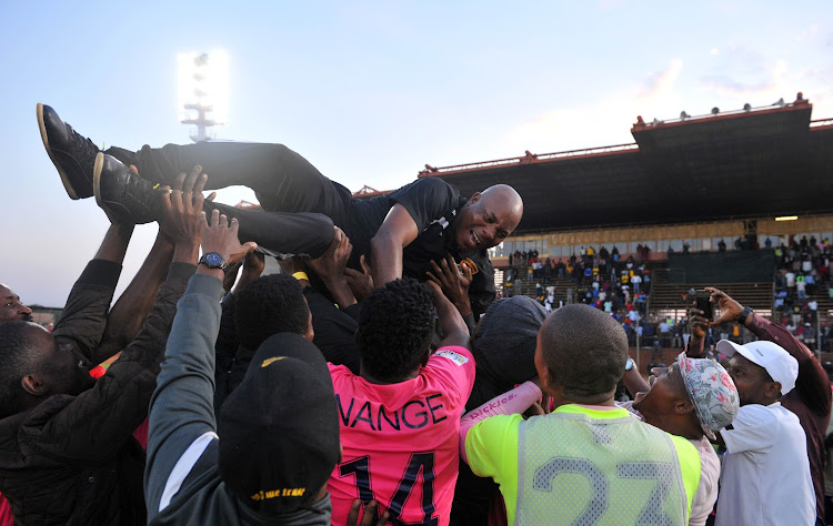 Joel Masutha coach of Black Leopards being held up high during the National First Division Promotion Playoffs on 30 May 2018 at Thohoyandou Stadium.