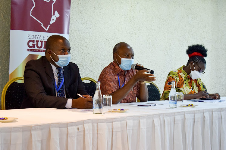 Scientists Richard Mukabana( L) and Charles Mbogo during the Kenya Editor's Guild conference at Hilton Hotel on October 5,2021.