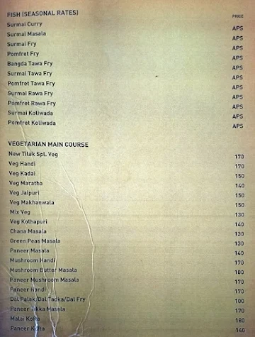 Tilak Restaurant menu 