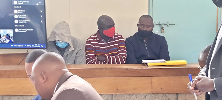 Chief inspector Stephen Lelei (former Mlolongo OCS), senior sergeant Fredrick Leliman, and Sargent Leonard Mwangi at Machakos High Court on Thursday, June 23.